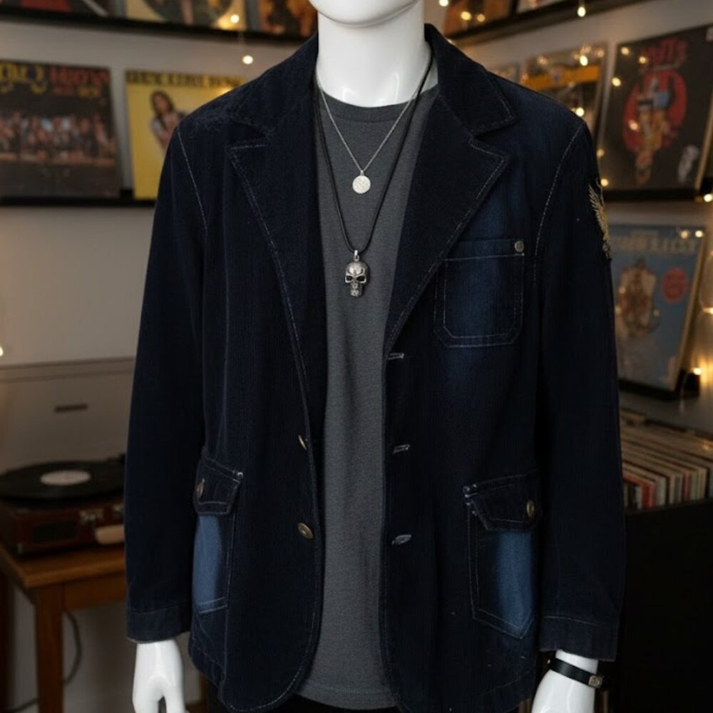 Twice Black Corduroy Blazer Gold Embroidered Dragon 2000s Y2K Jacket XL